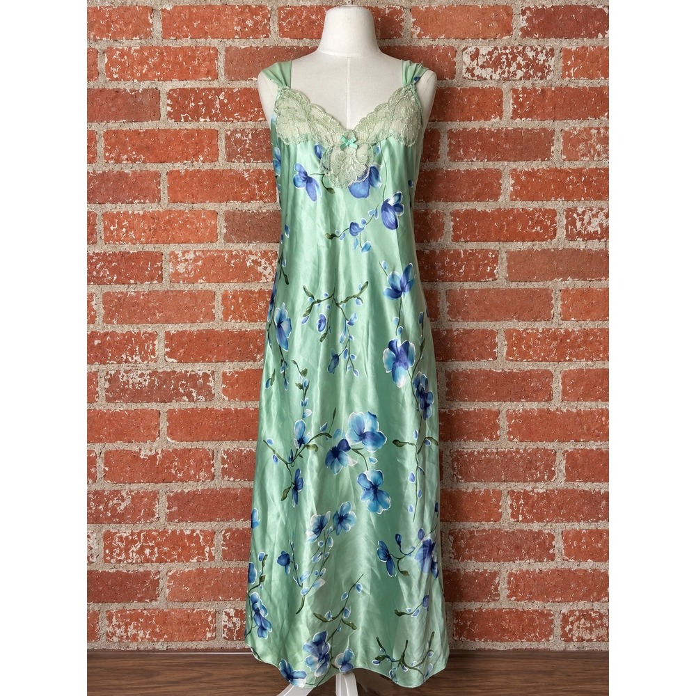 Vintage Floral Satin Lace Trim Nightgown Chemise M Coquette Fairy Cottagecore
